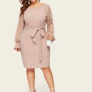 SHEIN Plus Dot Mesh Bell Sleeve Belted Pencil Dress